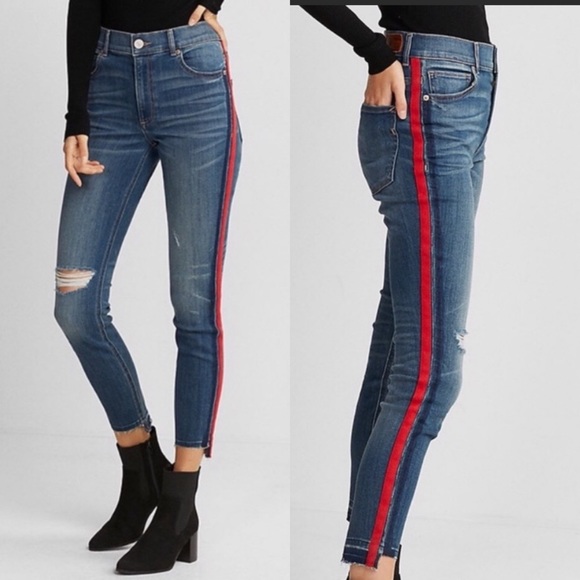 Express Distressed Step Hem Red Stripe Jeans